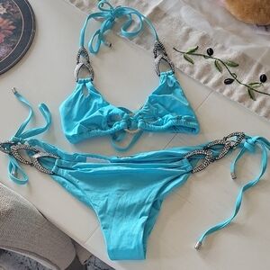 Beach Bunny Turquoise Bikini with Embellished Straps